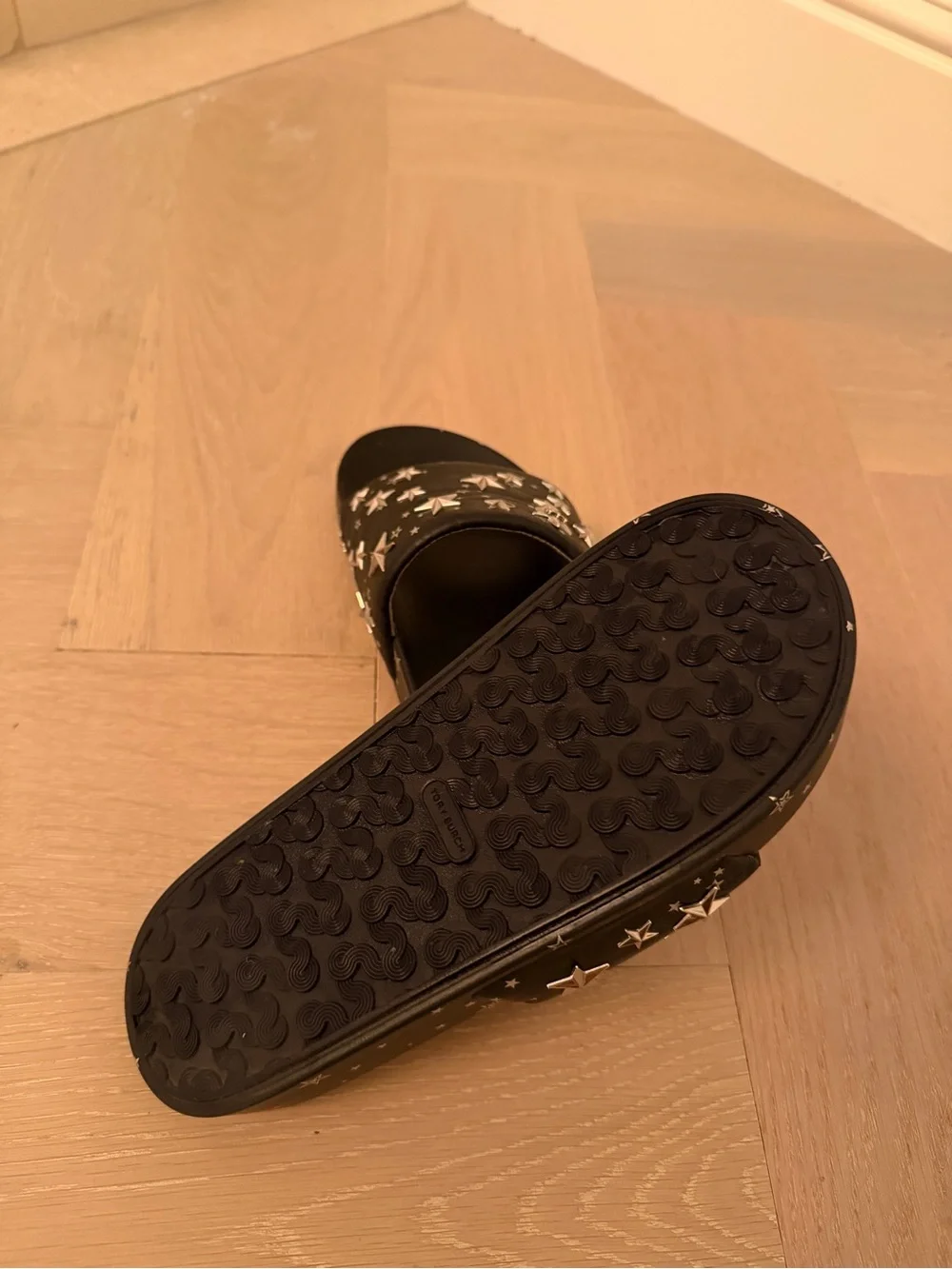 Tory Burch Navy/Black Leather Star-Stud Slide Sandals